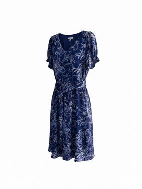 Talbots Royal Blue Floral V-Neck Midi Dress with Tie Waist